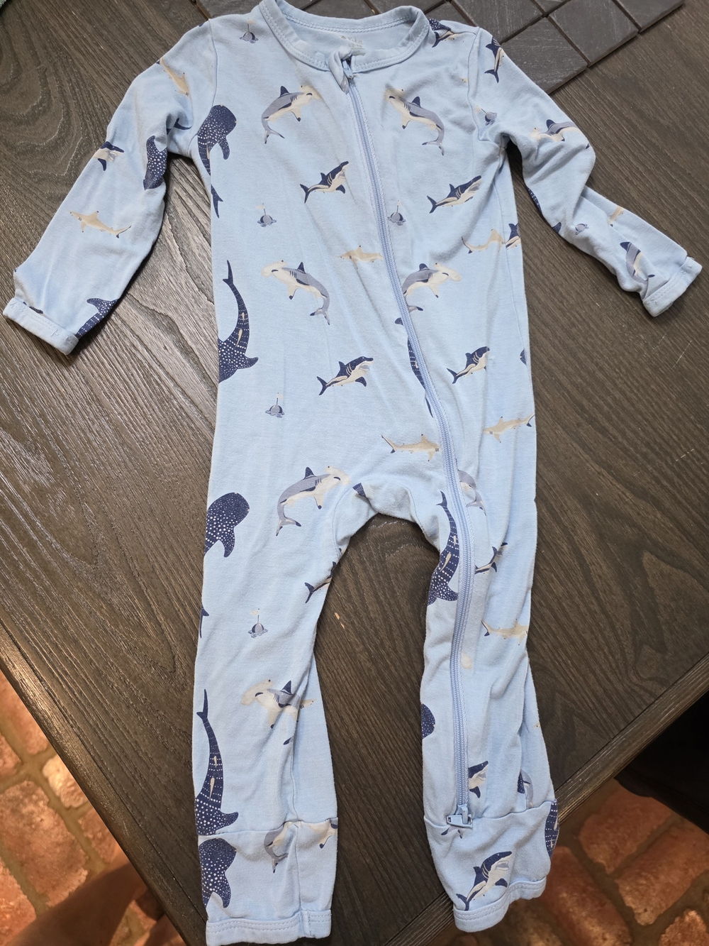Kyte BABY Light Blue Shark Print One-Piece Zipper Bodysuit